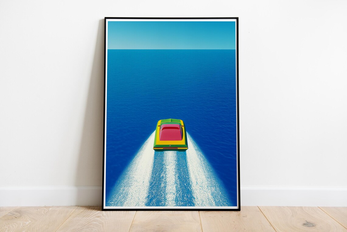 Colorful Speedboat Aerial Seascape Minimalist Ocean Art Poster