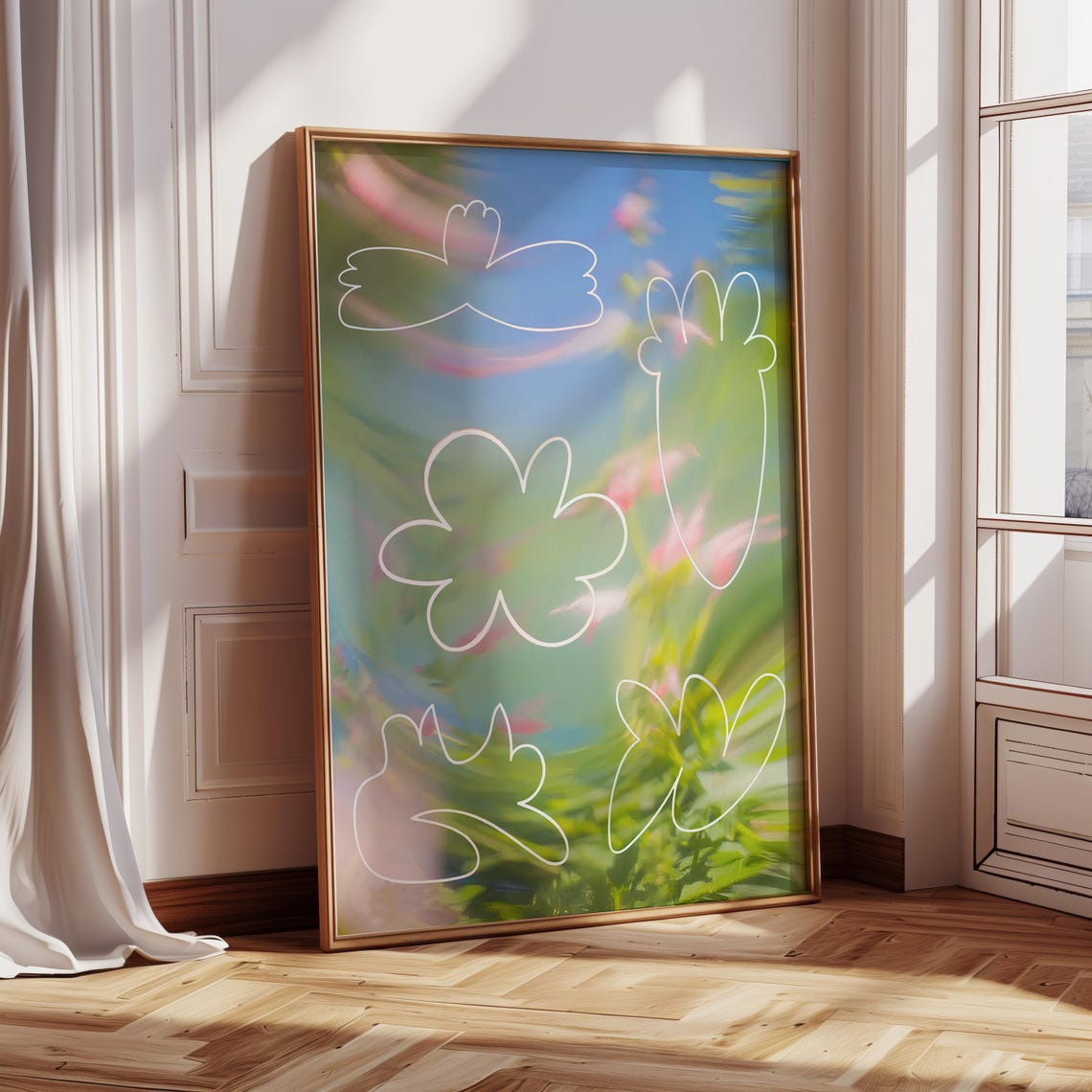 Abstract Floral Line Drawing Soft Blue Green Modern Art Poster