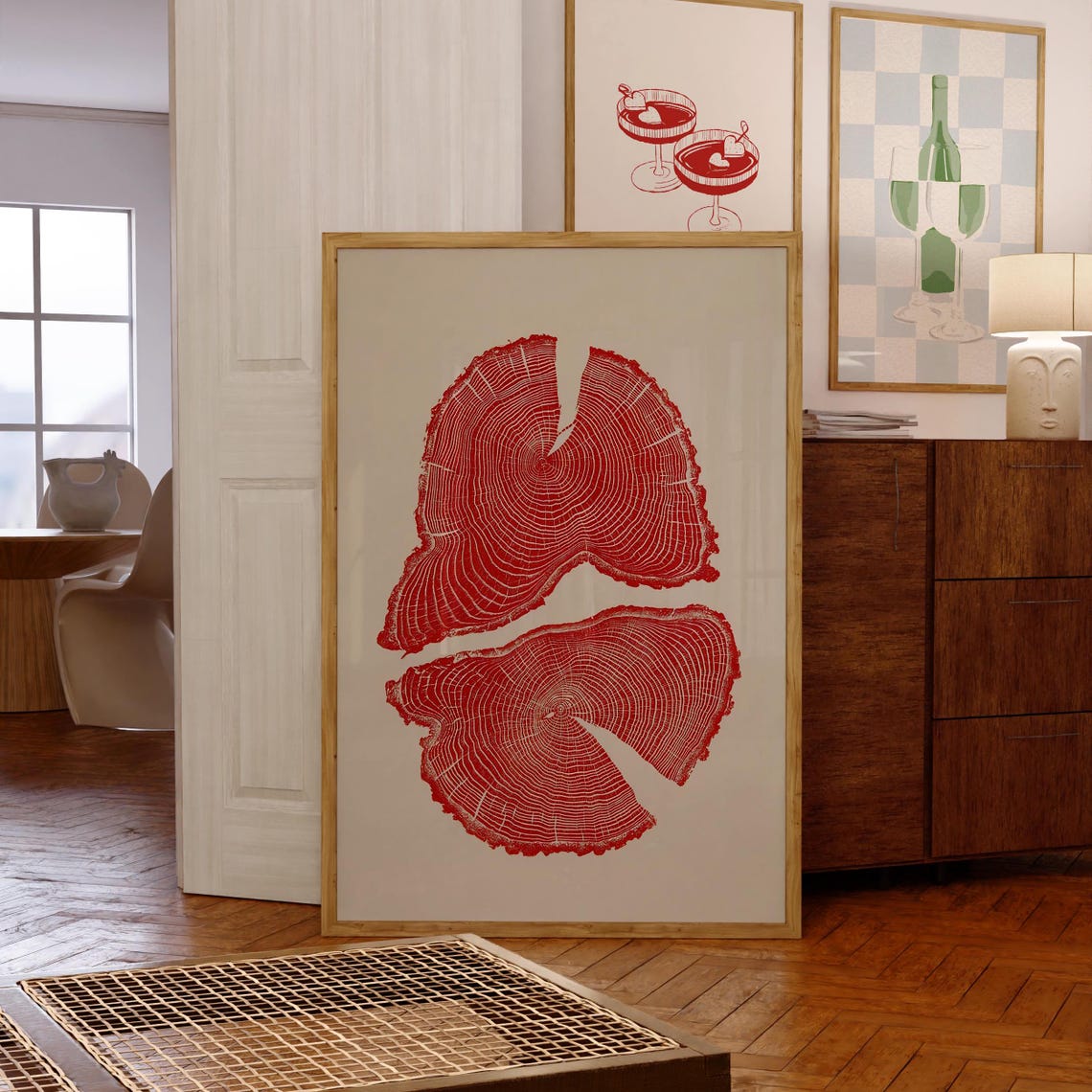 Red Tree Ring Lips Scandinavian Minimalist Abstract Wood Art Poster