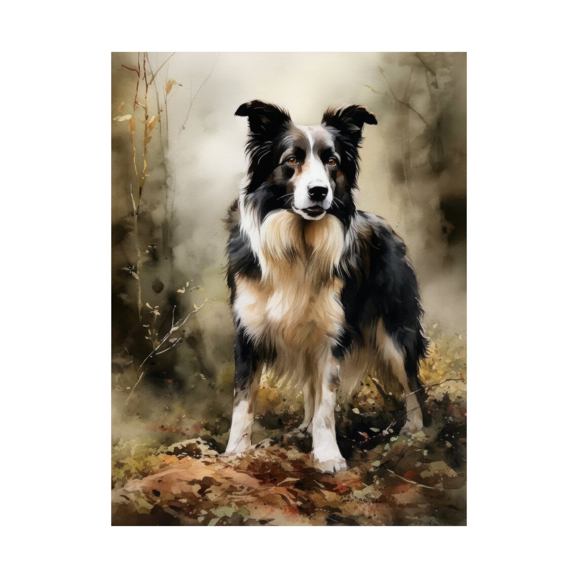 Border Collie Dog Tricolor Watercolor Portrait Meadow View Poster - Image 4