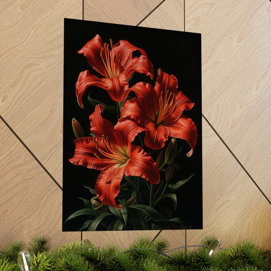 Red Lilies Dark Moody Floral Oil Painting Dramatic Botanical Wall Art - Image 2