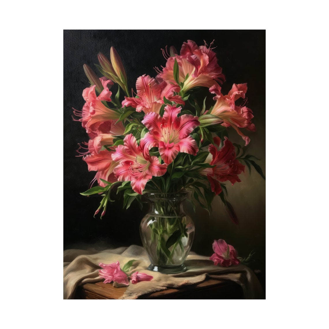 Coral Pink Peruvian Lily Bouquet Moody Dark Still Life Poster - Image 4