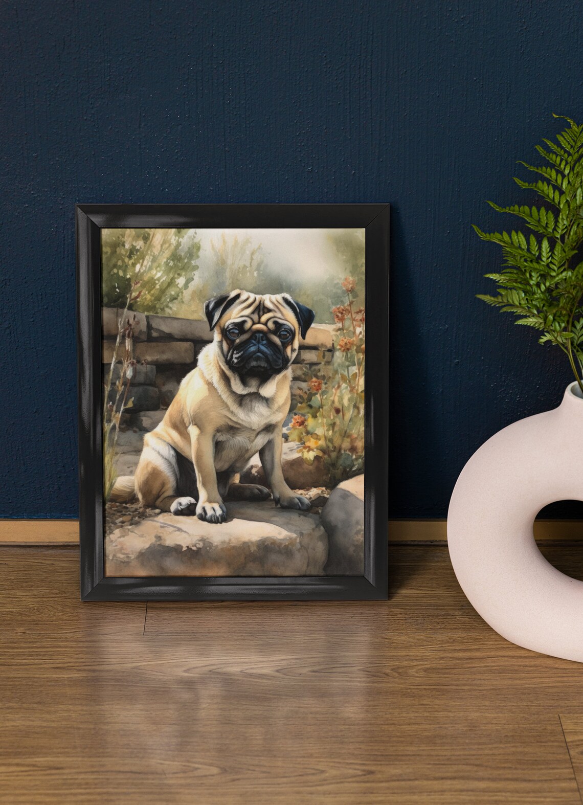 Pug Dog Fawn Watercolor Portrait Garden Stone Wall Scene Poster
