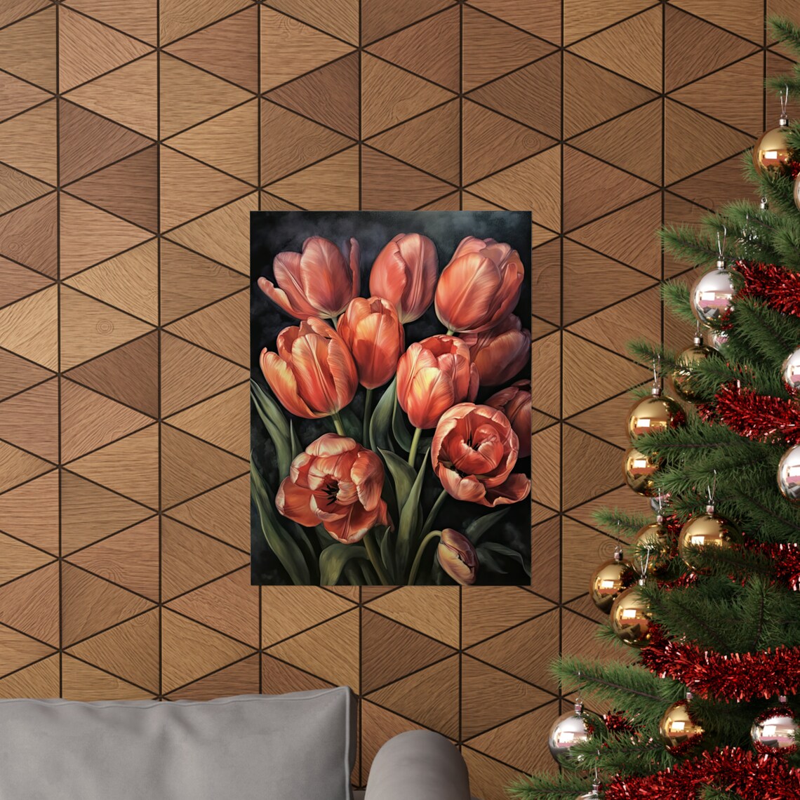 Salmon Orange Tulips Dark Moody Oil Painting Floral Wall Art - Image 3