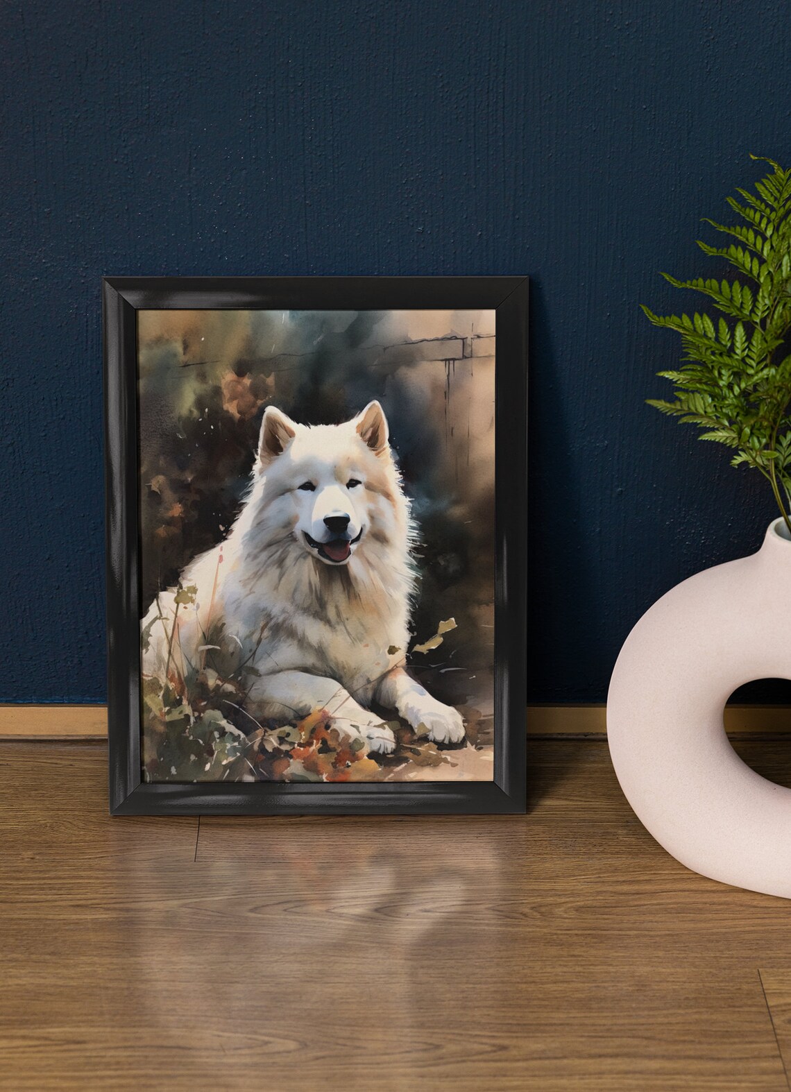 Samoyed Dog Smiling Autumn Leaves Watercolor Portrait Poster