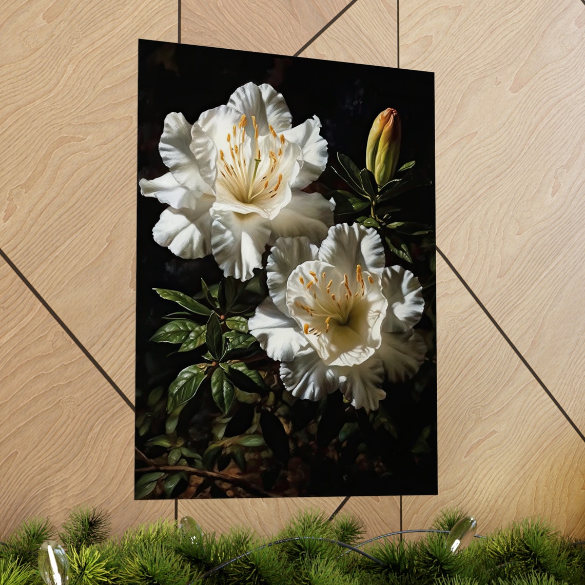 White Azalea Large Blooms Orange Stamens Dark Painterly Floral Poster - Image 2
