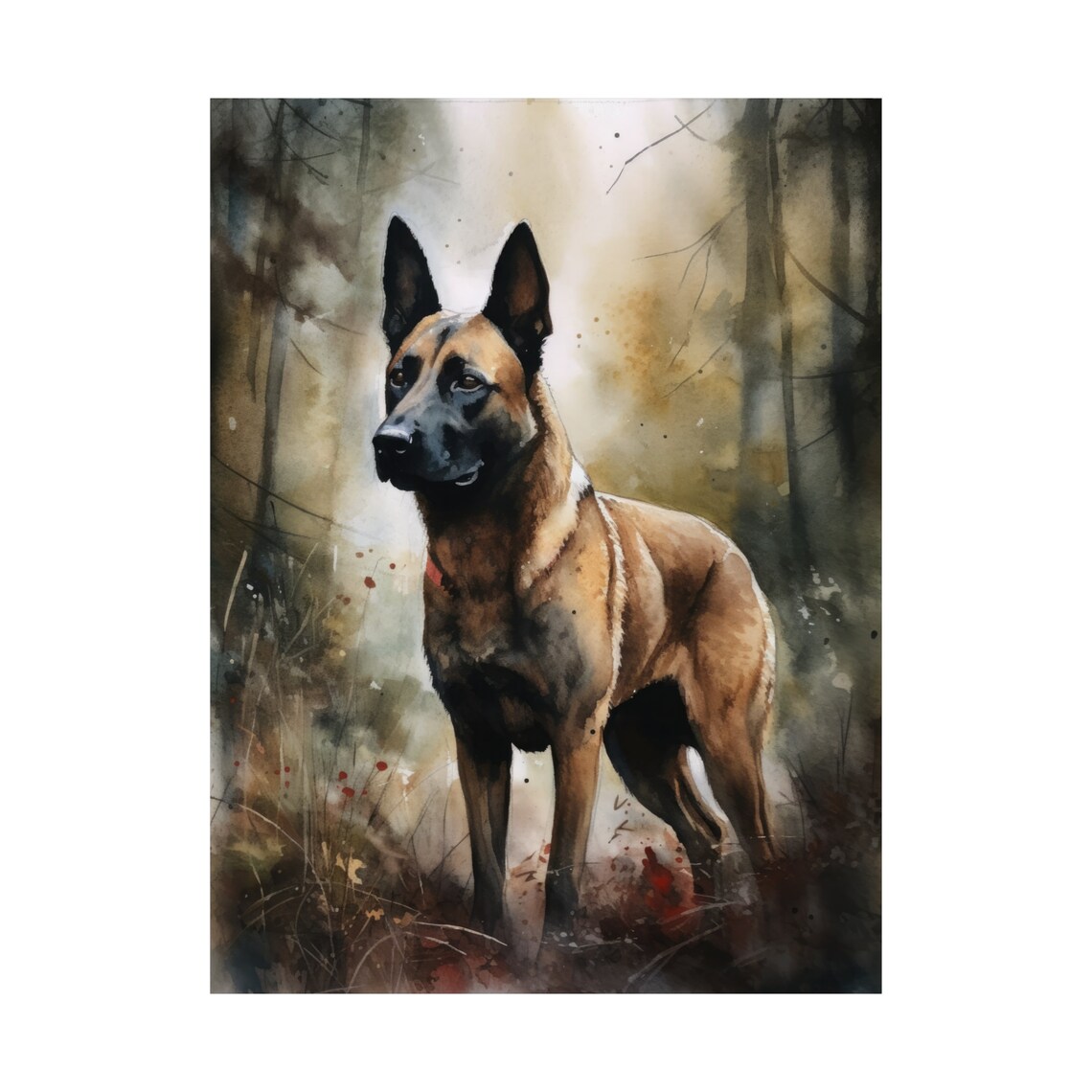 Belgian Malinois Dog Standing In Misty Forest Watercolor Art Print - Image 4