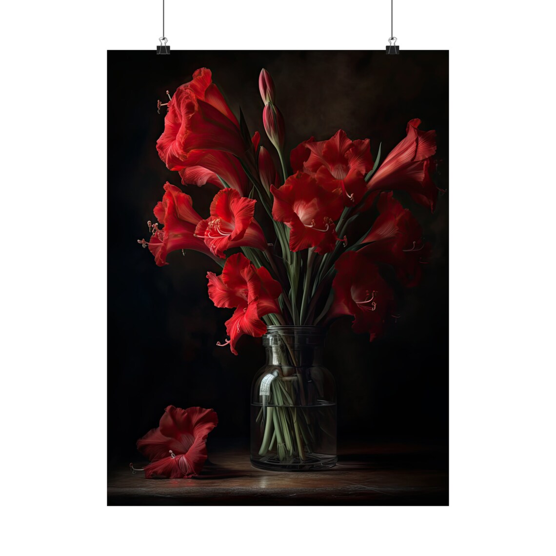 Red Gladiolus Blooms Glass Vase Dark Moody Still Life Flower Poster - Image 5