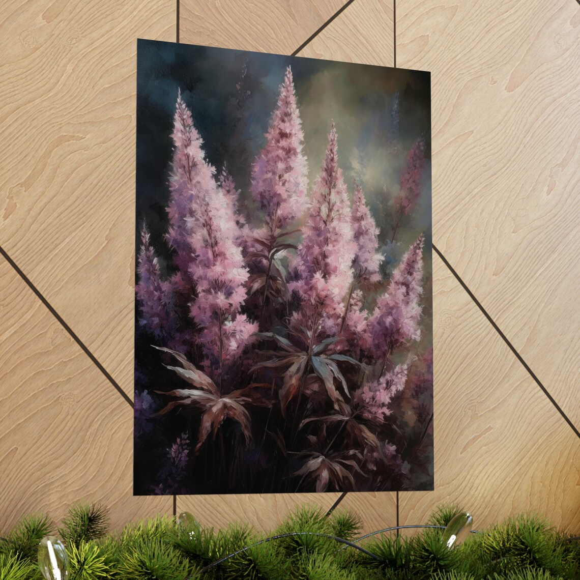 Lavender Astilbe Pink Plume Blooms Dark Moody Botanical Floral Poster - Image 2