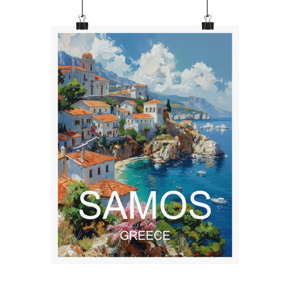 Samos Greece Aegean Cliff Village Blue Sea Harbor Travel Poster - Image 4