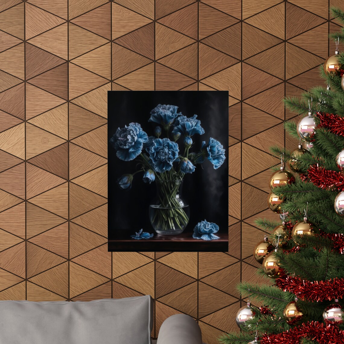 Blue Carnations Round Glass Bowl Soft Misty Dark Floral Art Poster - Image 3