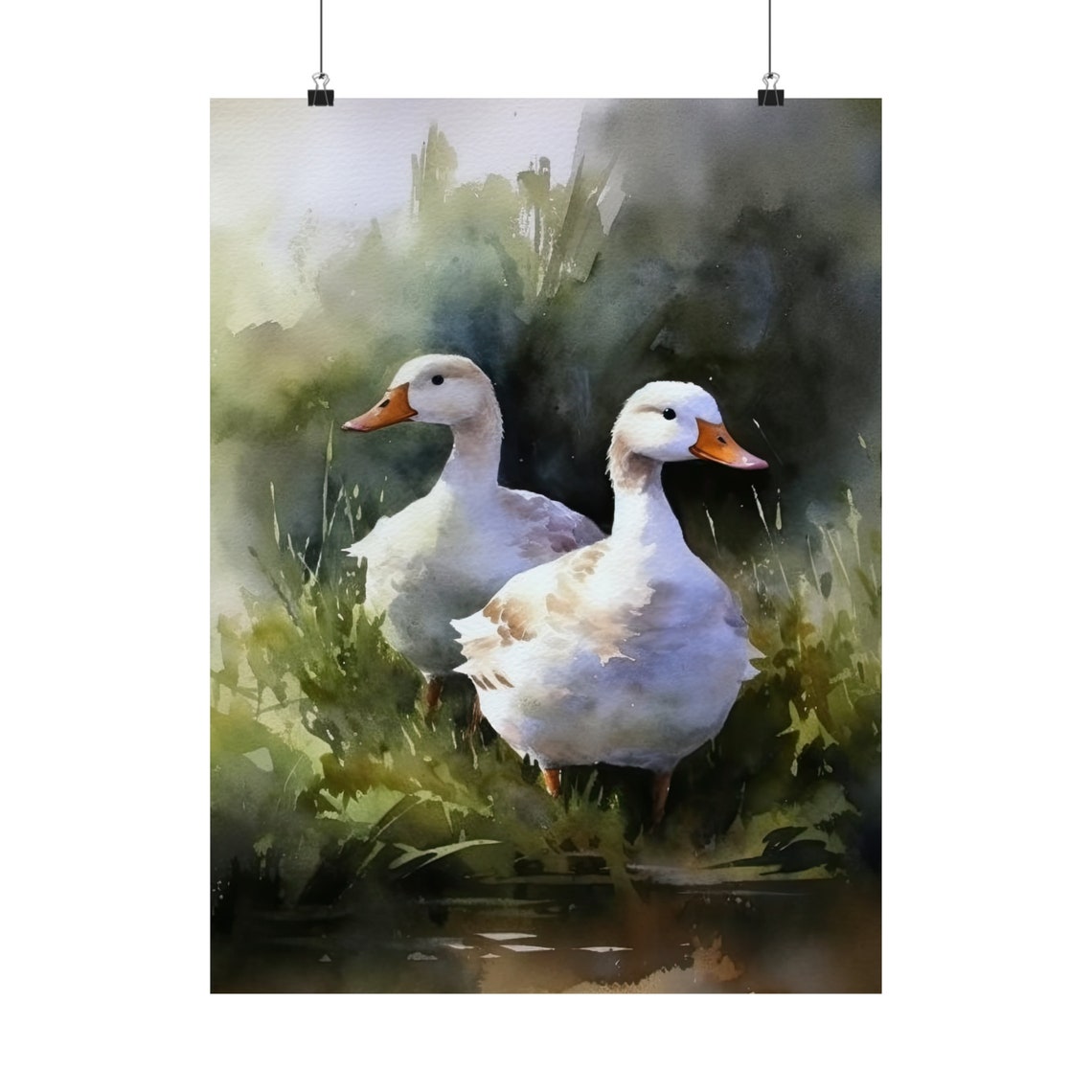 Two White Ducks Stream Bank Watercolor Peaceful Farm Art Wall Print - Image 5
