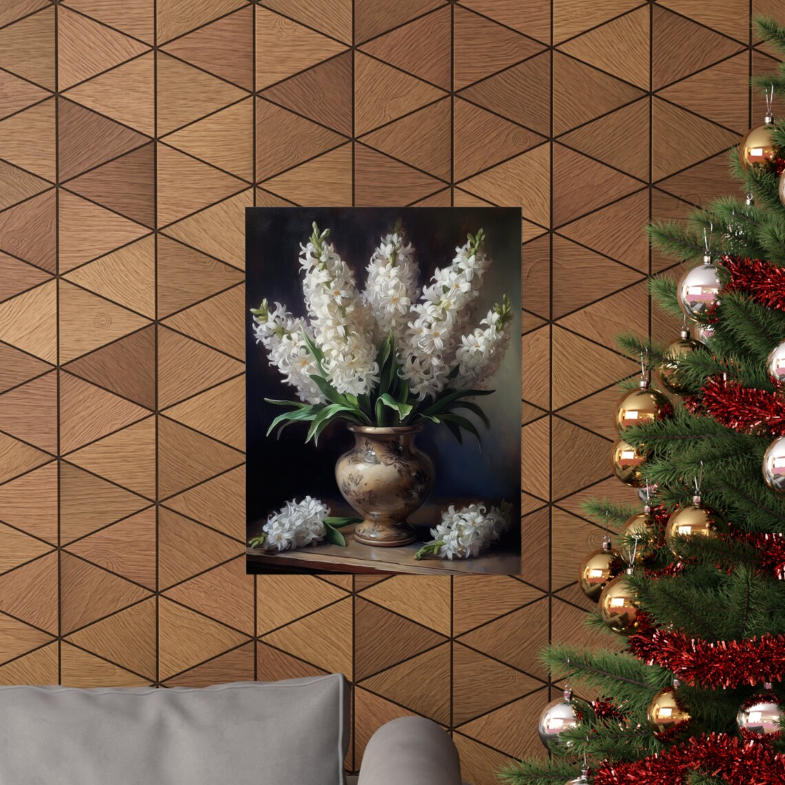 White Hyacinth Spikes Ornate Ceramic Urn Classic Floral Art Poster - Image 3