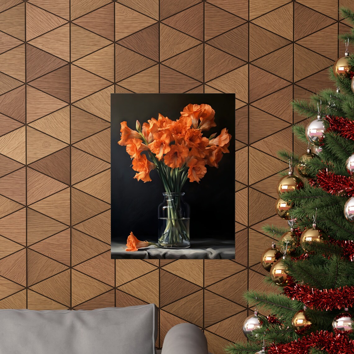 Orange Gladiolus Blooms Glass Vase Dark Moody Still Life Flower Poster - Image 3
