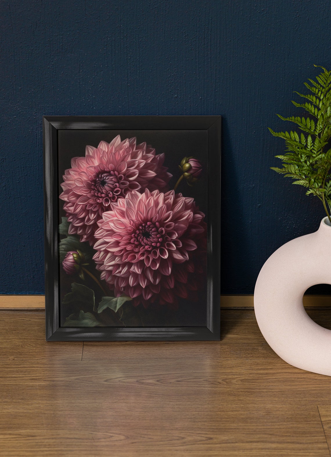 Pink Dahlia Blooms Close Up Dark Botanical Still Life Poster