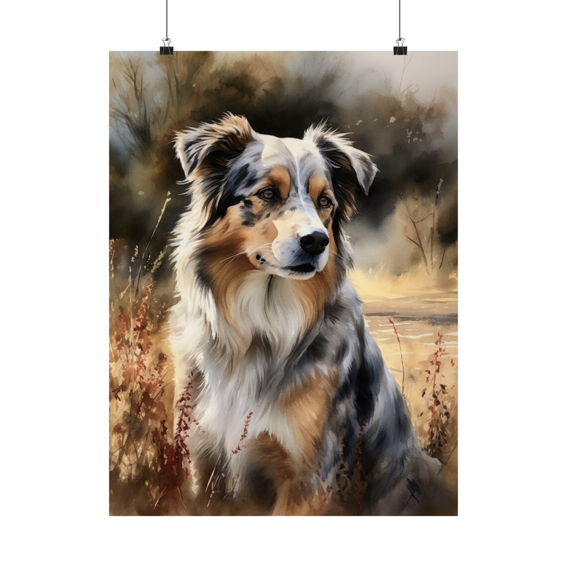 Australian Shepherd Dog In Autumn Field Blue Merle Portrait Art Print - Image 5