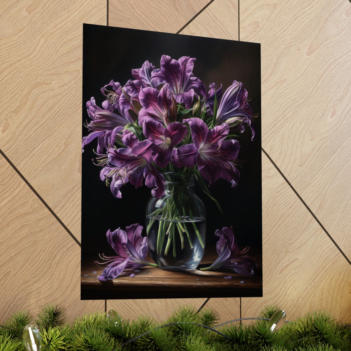 Purple Peruvian Lily Bouquet Dark Still Life Botanical Poster - Image 2