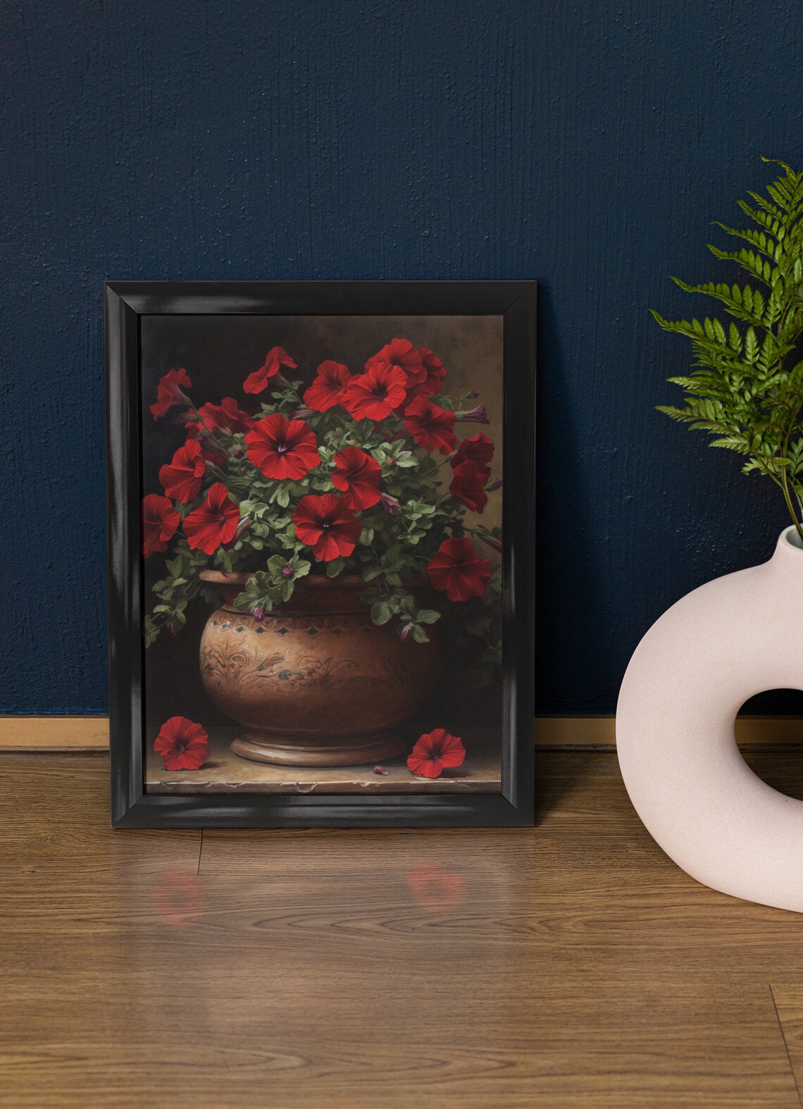 Red Petunias Decorative Urn Dark Moody Floral Still Life Poster