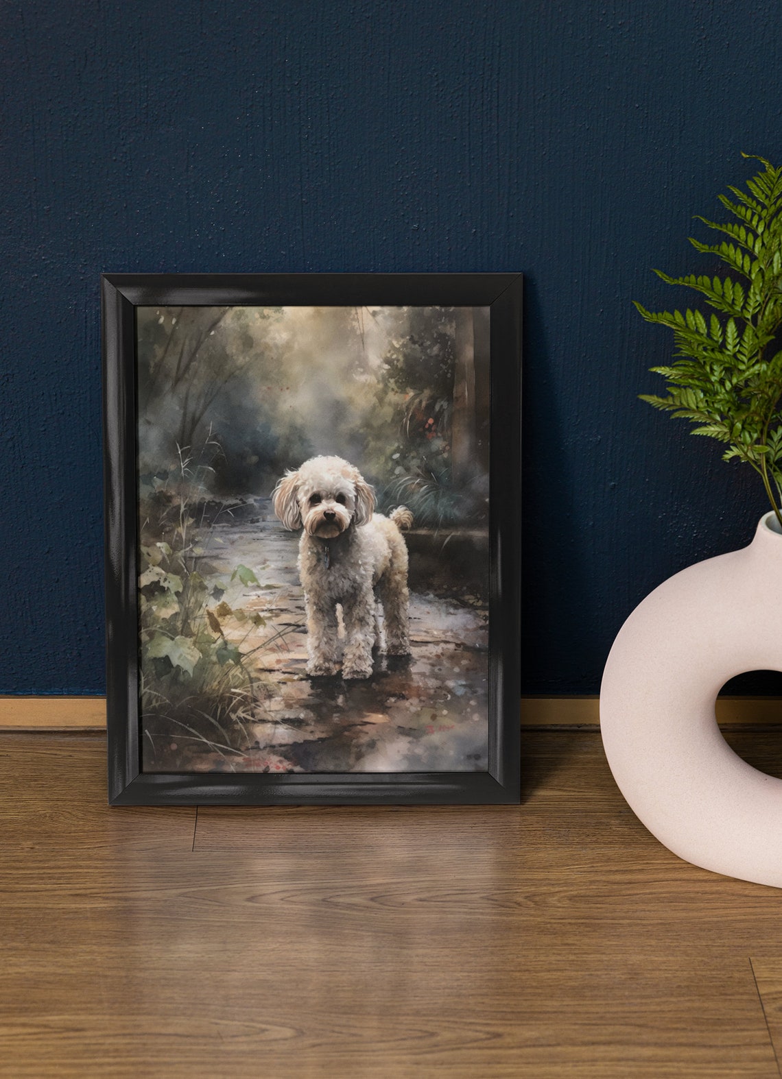 Cream Poodle Puppy Misty Garden Path Watercolor Cute Dog Art Print