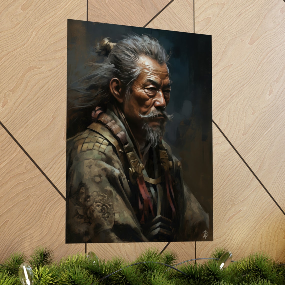Elderly Ronin Warrior with Grey Topknot Dark Oil Painting Art Print - Image 2