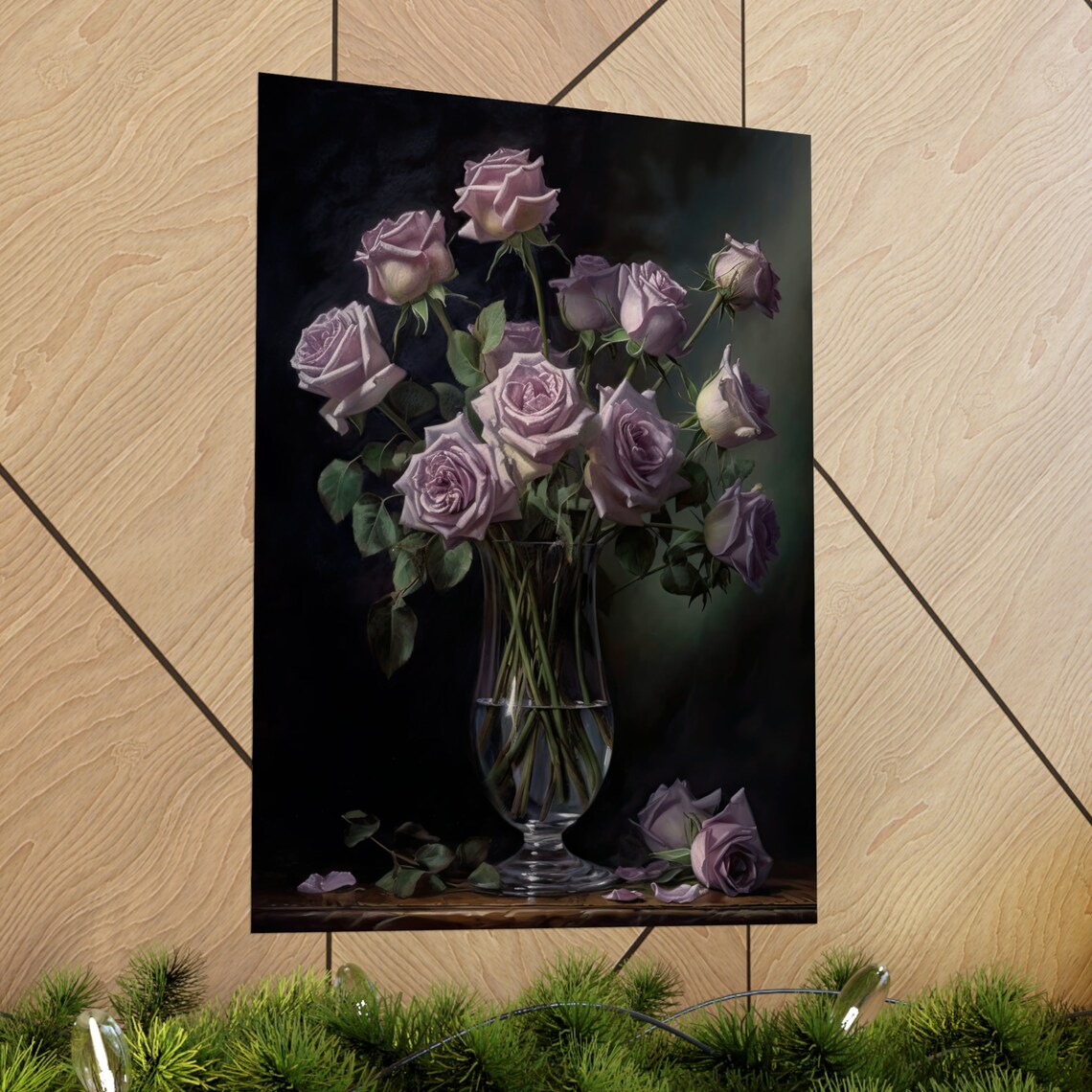 Lavender Roses Glass Vase Moody Still Life Botanical Wall Art - Image 2
