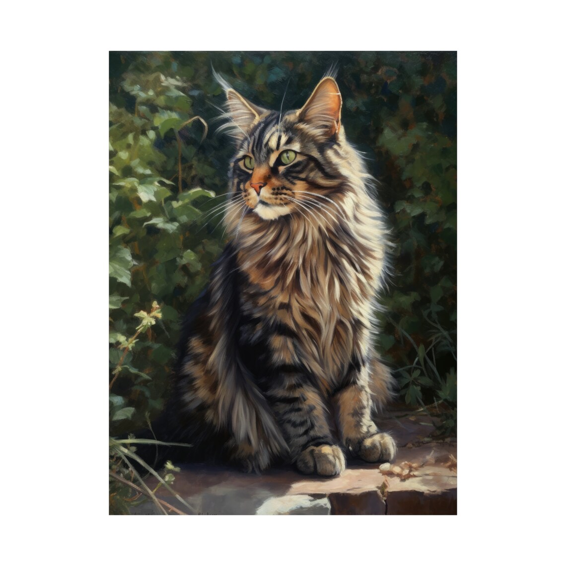 Maine Coon Cat Longhair Tabby Sitting By Garden Wall Sunlit Portrait Print - Image 4