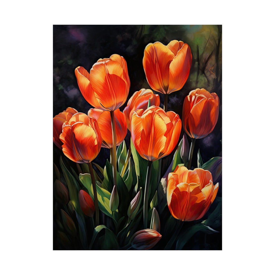 Sunlit Orange Tulips Bold Blooms Dark Floral Botanical Art Print - Image 4