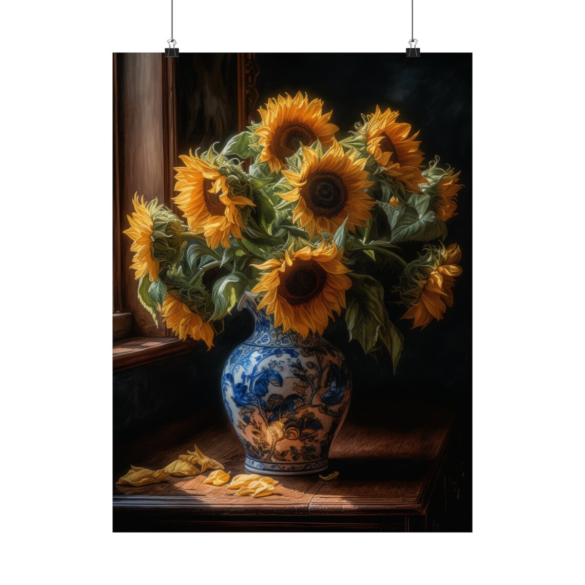 Sunflower Bouquet Golden Blooms Blue Porcelain Vase Still Life Poster - Image 5