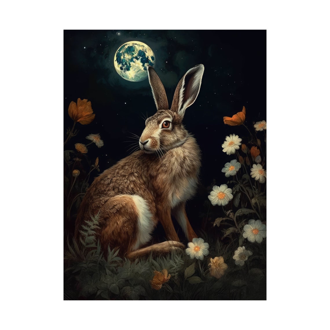Wild Hare Under Full Moon Dark Academia Floral Night Scene Poster - Image 4