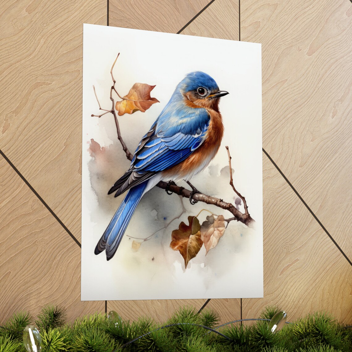 Eastern Bluebird Watercolor Vivid Blue Songbird Branch Art Poster - Image 2