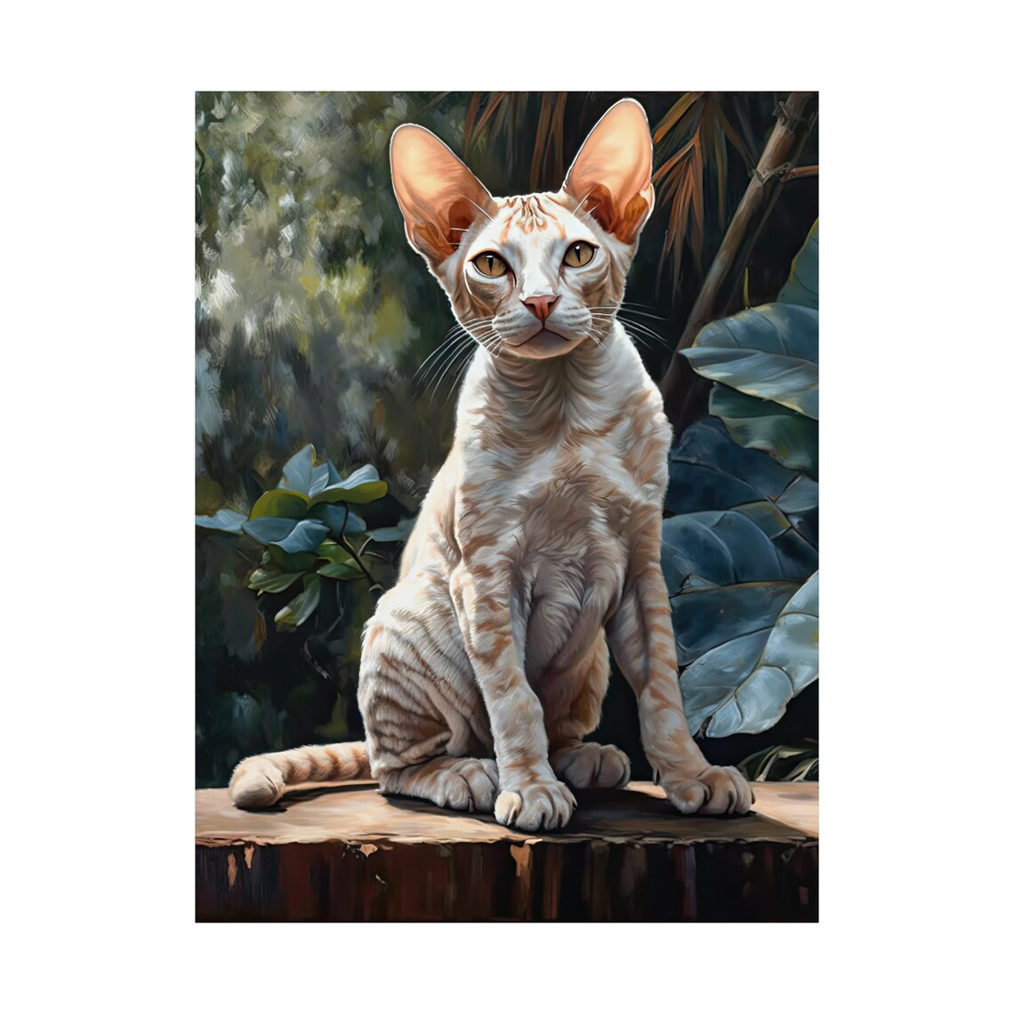Devon Rex Cat Portrait Wooden Stump Cream Wavy Coat Large Ears Art Print - Image 4