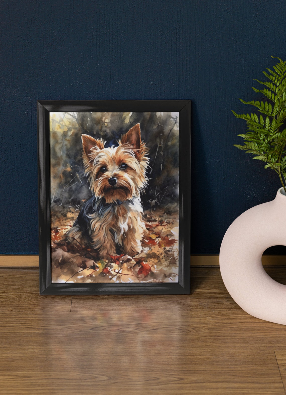 Biewer Terrier Sitting Among Autumn Leaves Watercolor Dog Poster