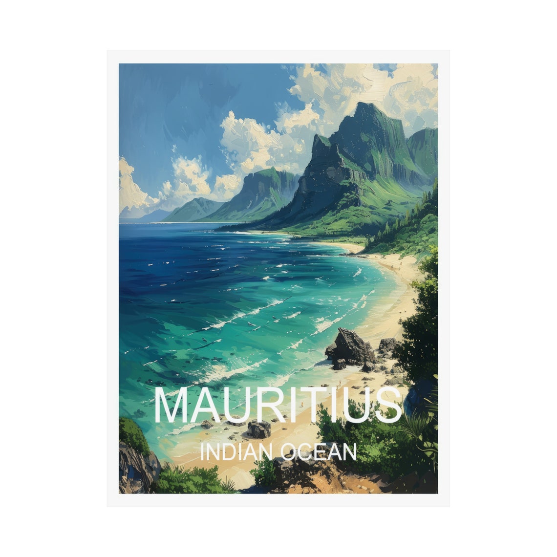 Mauritius Indian Ocean Turquoise Beach Mountain View Travel Poster - Image 3