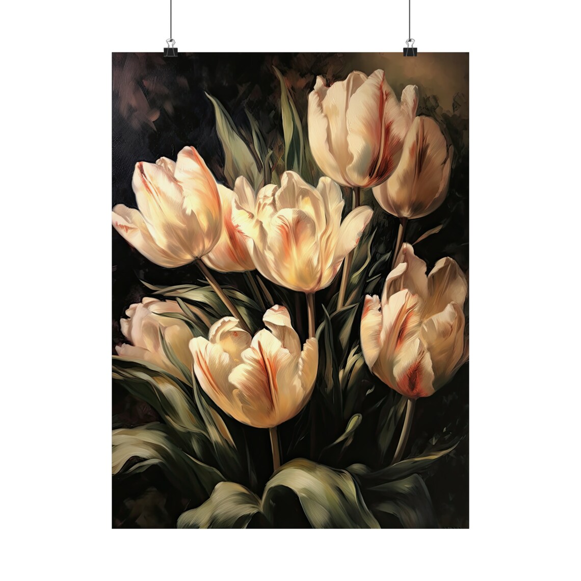 Fresh Cream Tulips Red Streaked Petals Dark Moody Floral Wall Art - Image 5