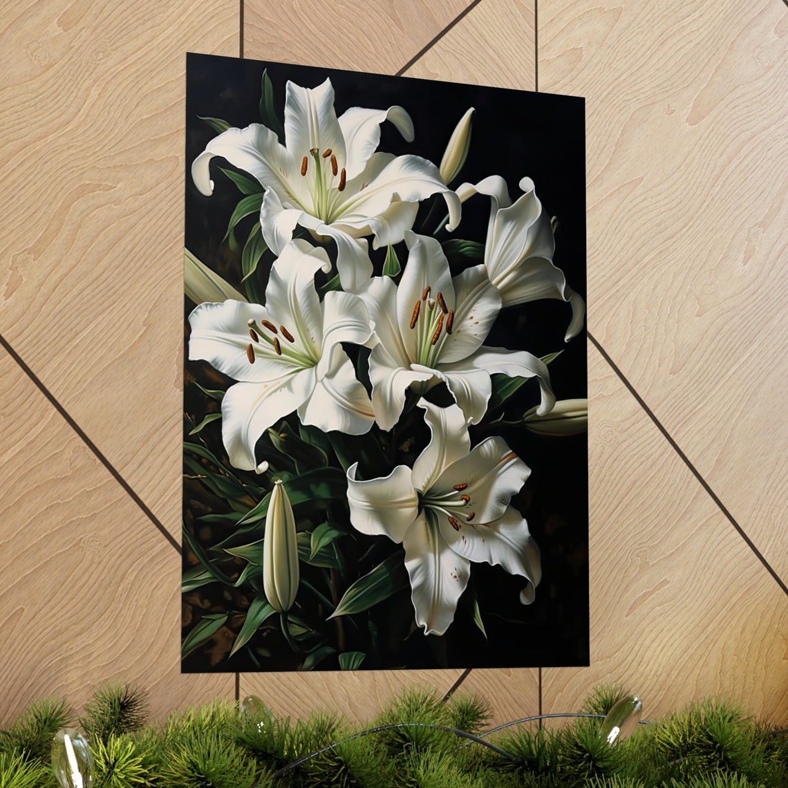 White Lily Blooms Dramatic Dark Botanical Floral Wall Art Print - Image 2