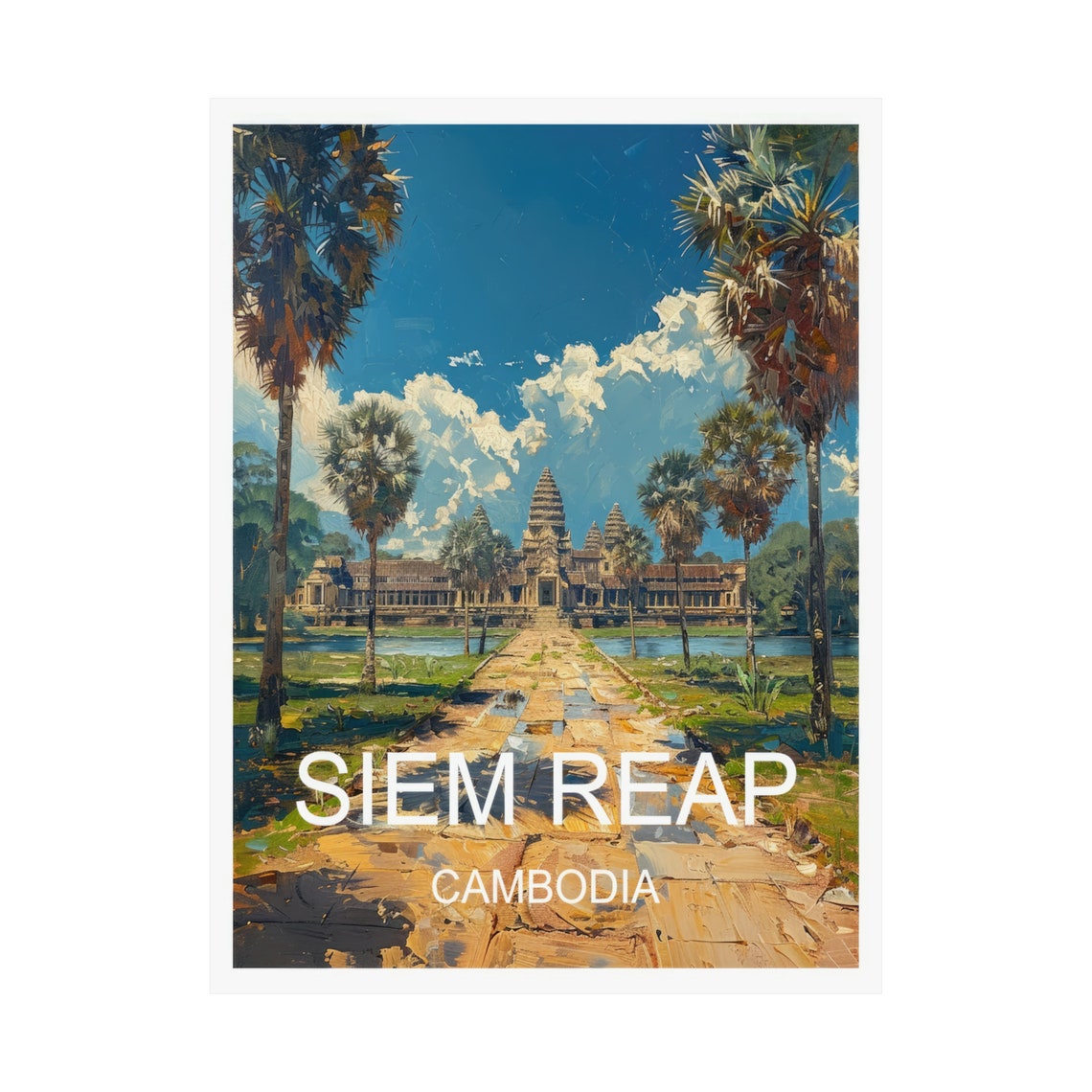 Siem Reap Cambodia Angkor Wat Temple Palm Causeway Sunrise View Poster - Image 3