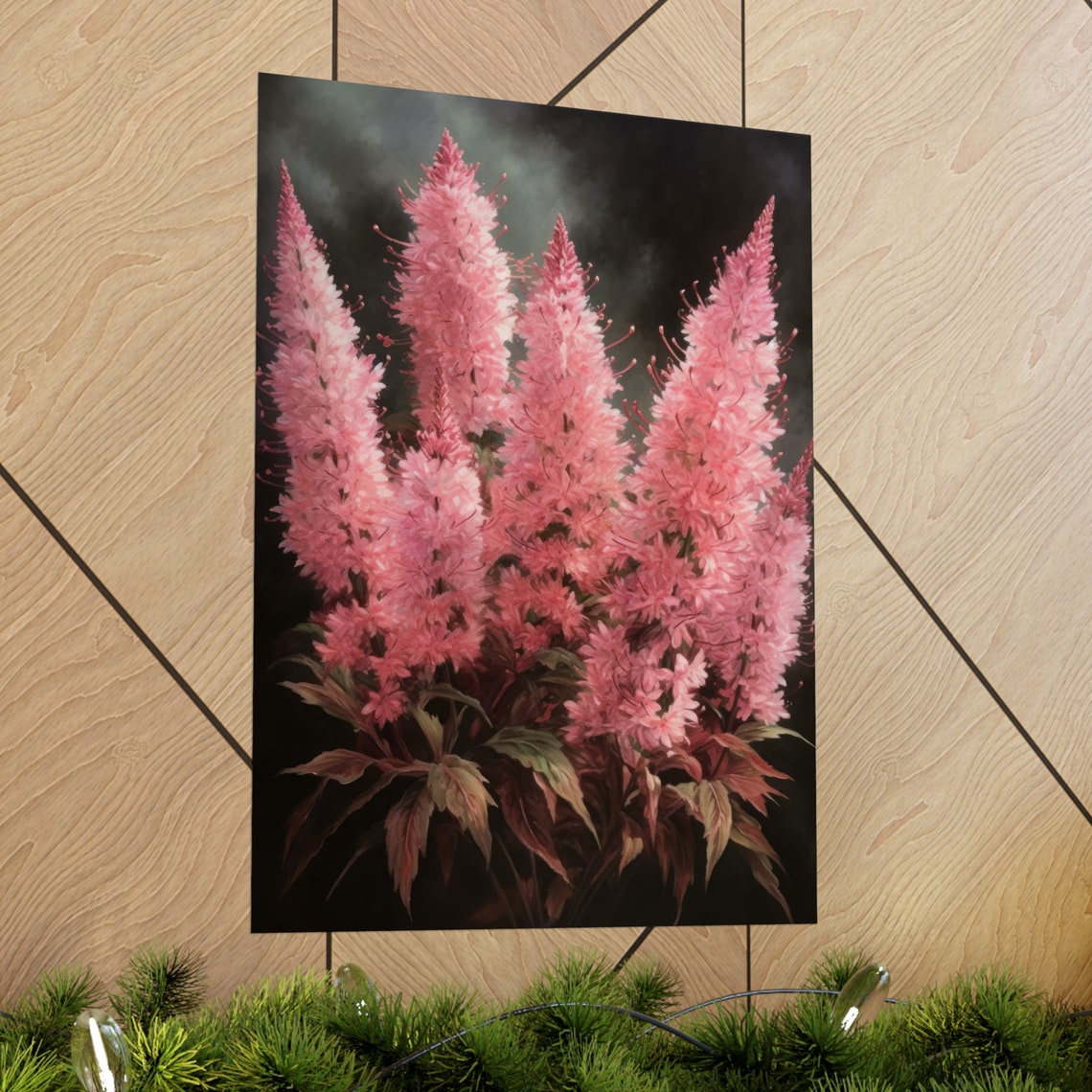 Pink Astilbe Vivid Coral Plumes Dark Dramatic Botanical Floral Poster - Image 2