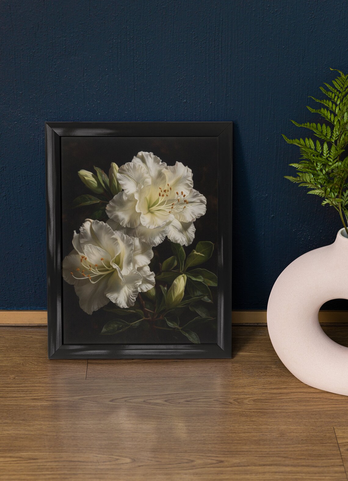 White Azalea Blooms with Buds Dark Moody Botanical Floral Art Poster