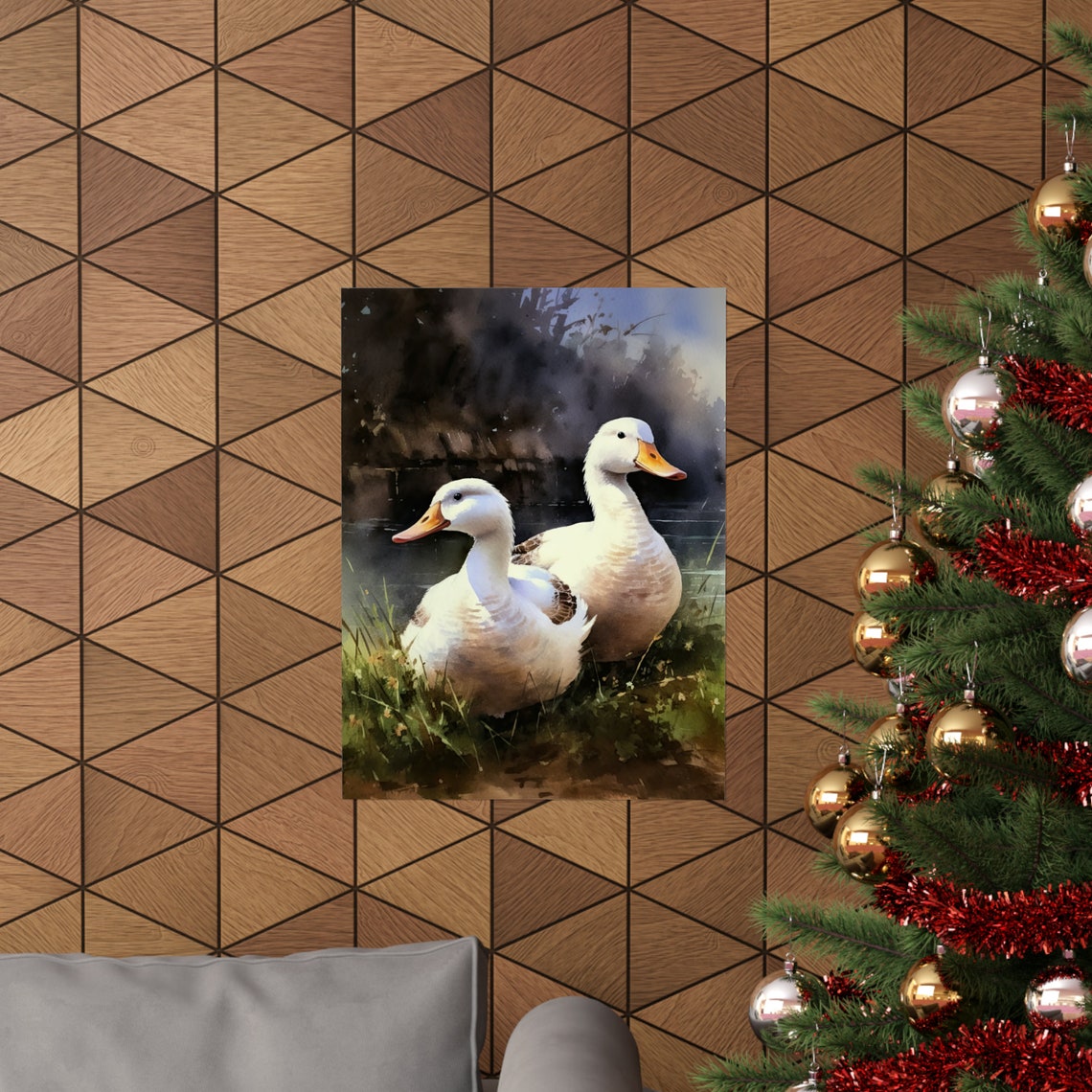 Pair of White Ducks Pond Watercolor Rustic Farmhouse Wall Art Print - Image 3