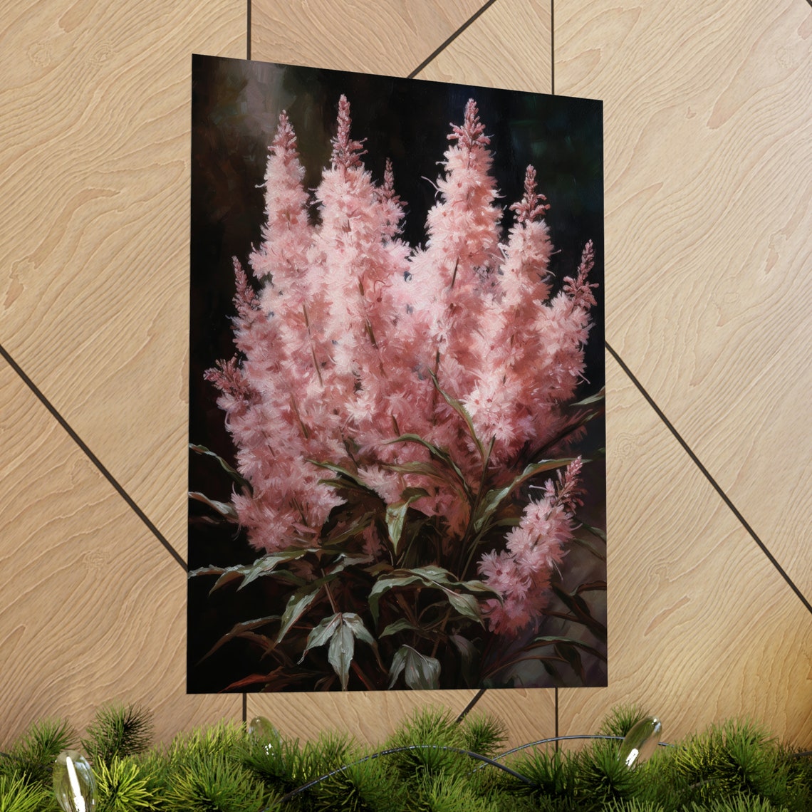 Pink Astilbe Soft Blush Plumes Dark Elegant Botanical Floral Poster - Image 2