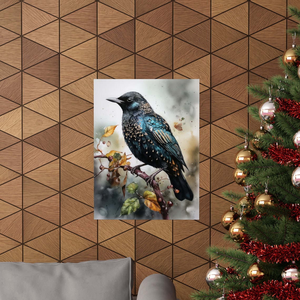 Common Starling Perched Branch Watercolor Autumn Bird Art Print - Image 2