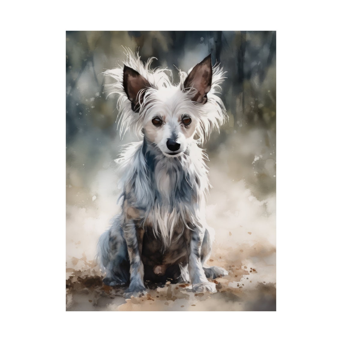 Chinese Crested Sitting Fluffy Crest Grey White Watercolor Dog Poster - Image 4