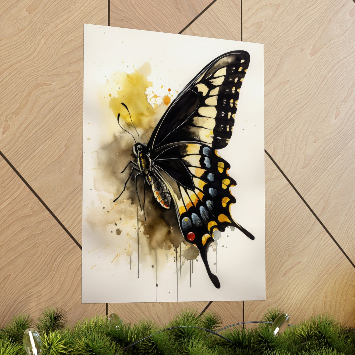 Tiger Swallowtail Butterfly Black Yellow Watercolor Ink Splash Poster - Image 2