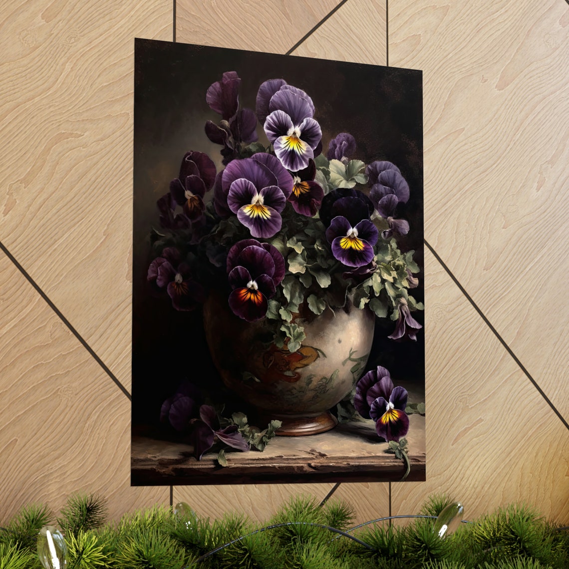 Deep Purple Pansy Flowers Ornate Vase Dark Moody Botanical Art Print - Image 2