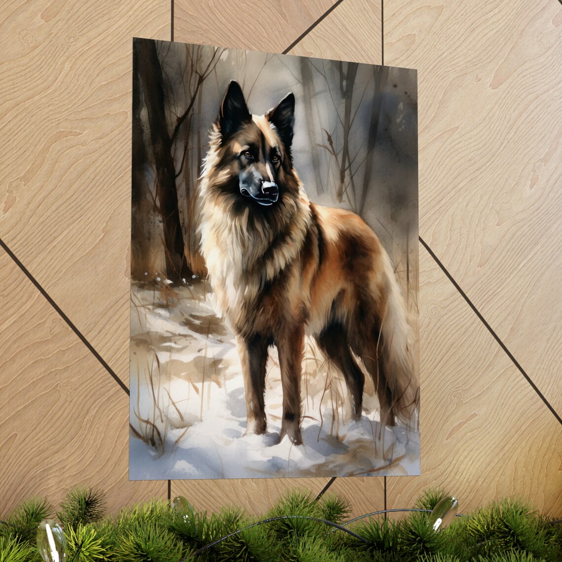 Belgian Tervuren Long Haired Dog Snowy Woodland Watercolor Poster - Image 2