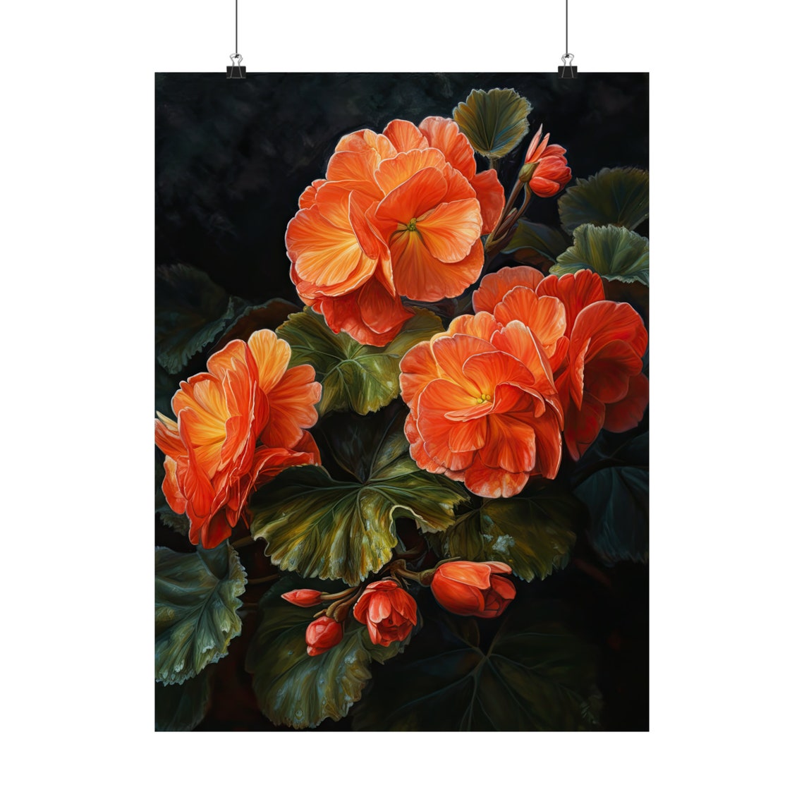 Orange Begonia Bright Bloom Cluster Deep Green Leaves Floral Poster - Image 5