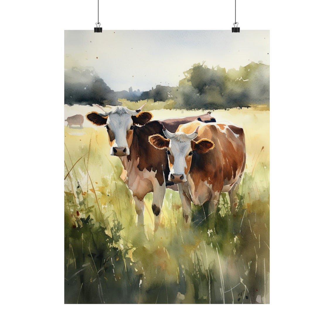 Two Cows Sunny Pasture Watercolor Rustic Farm Animal Wall Art Print - Image 5