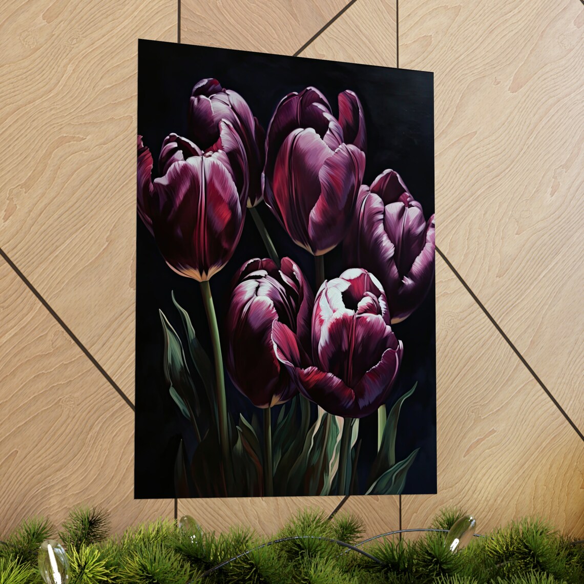 Black Purple Tulips Dark Moody Gothic Floral Oil Painting Print - Image 2