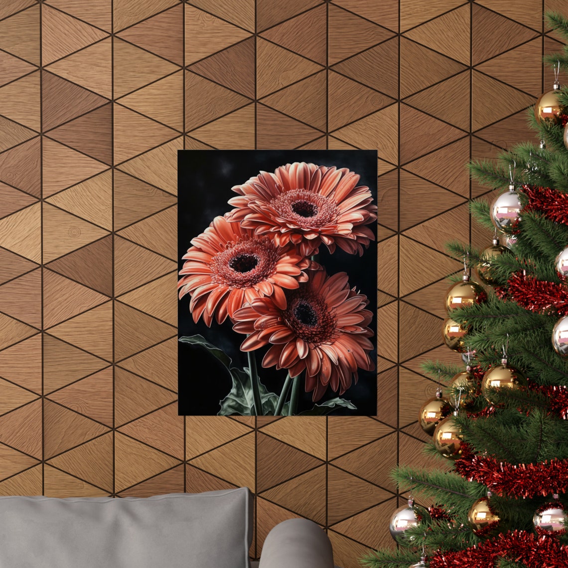 Coral Gerbera Daisy Blooms Bold Dark Background Floral Art Poster - Image 3