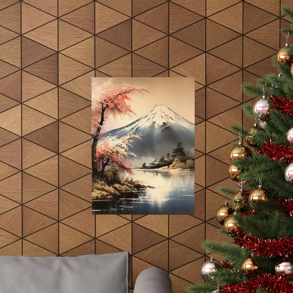 Mt Fuji Sunset Cherry Blossom Lakeshore Warm Light Travel Poster - Image 3